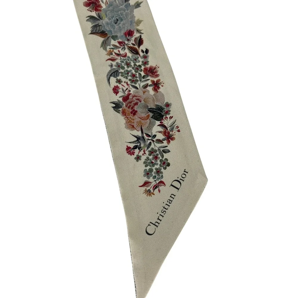 Christian Dior Toile de Jouy Floral Silk Mitzah Scarf Beige Multicolor